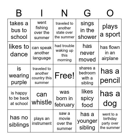 Welcome Back Bingo! Bingo Card