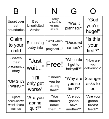 Chelce's Pregnant Bingo Card