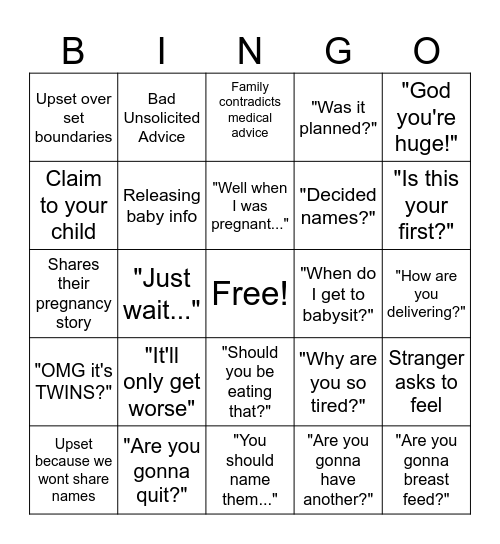 Chelce's Pregnant Bingo Card