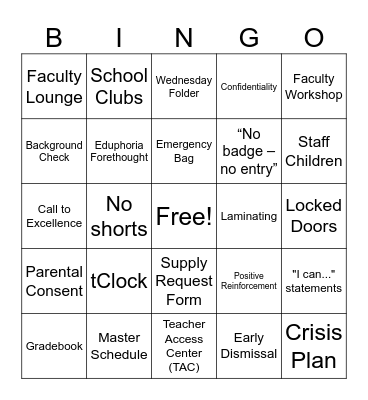 TES Handbook Bingo Card