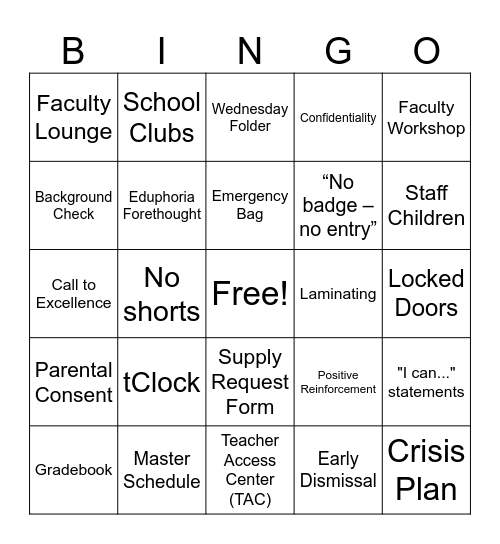 TES Handbook Bingo Card