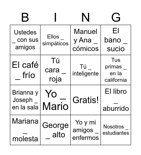 Ser and Estar Bingo Card