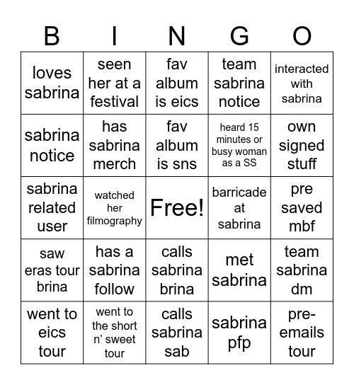 sabrina bingo Card