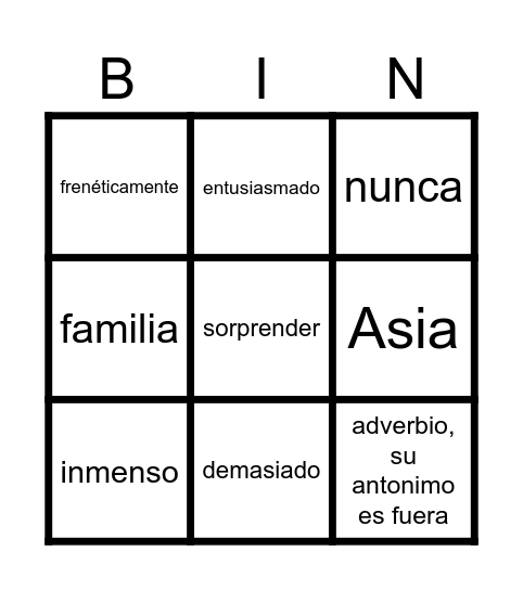adverbio Bingo Card