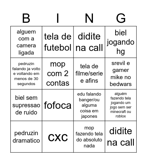 call da 148 Bingo Card