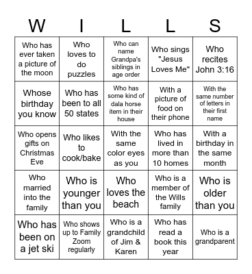Wills Family Bingo Card