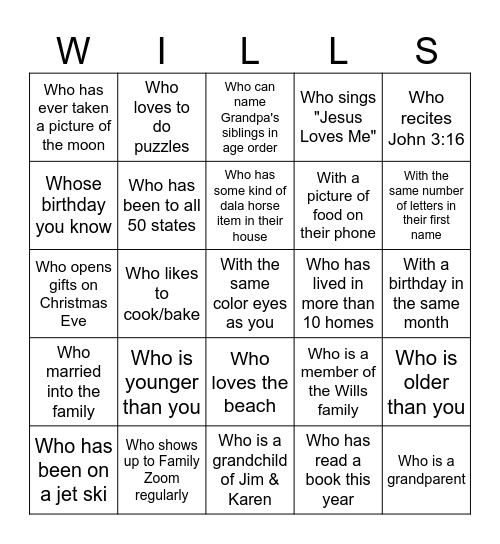 Wills Family Bingo Card