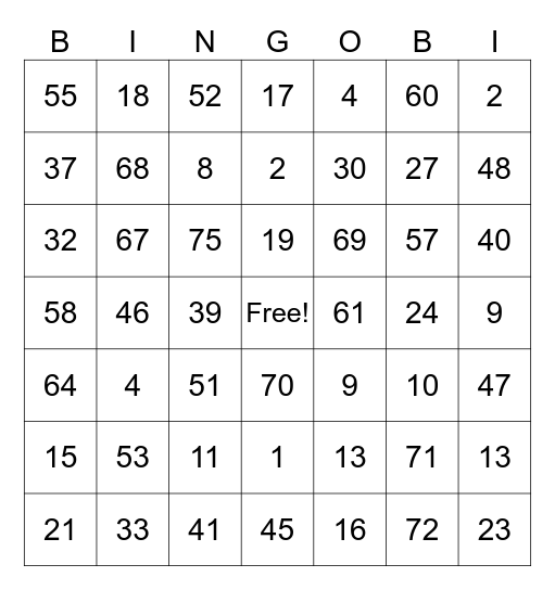 Bingo number Bingo Card