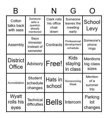 Back to School Bingo Card