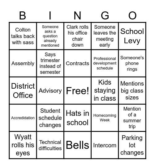 Back to School Bingo Card