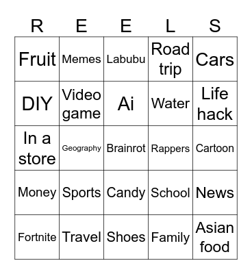 Instagram reels bingo Card