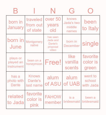 Bridal Shower Bingo Card