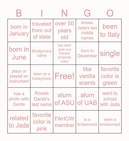 Bridal Shower Bingo Card