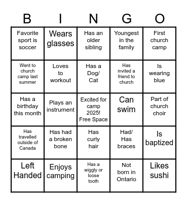 Pioneer Adventure Camp 2025 Bingo Card