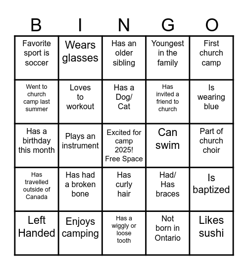 Pioneer Adventure Camp 2025 Bingo Card