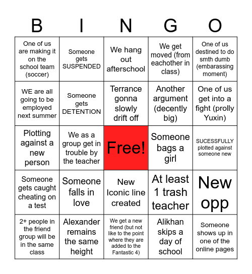 Bingo for 2025-2026 (Sophmore Year) Bingo Card