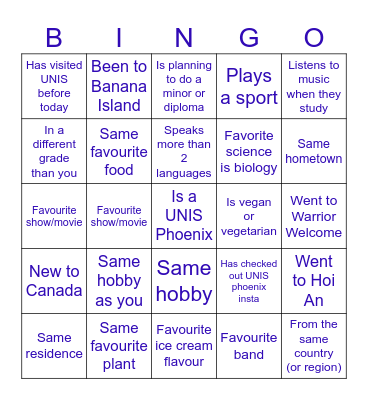 UNIS Orientation Bingo Card