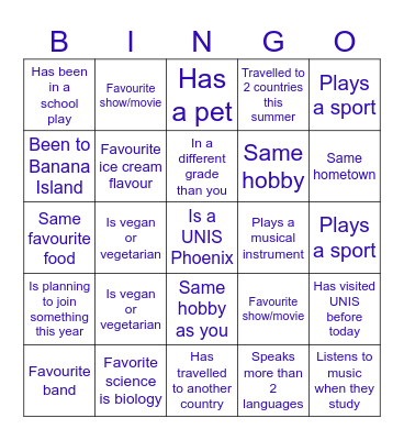 UNIS Orientation Bingo Card