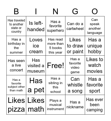 Back to School Bingo Card