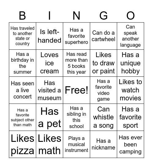 Back to School Bingo Card