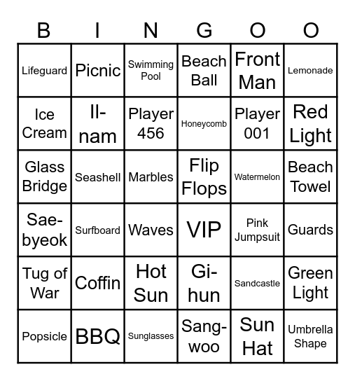 Summer Squid Game Bingo Card