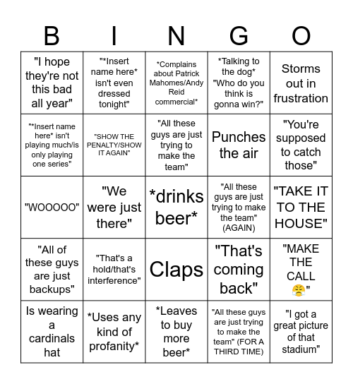 Cardinals @ Bronco's Preseason Week 2 Bingo Card