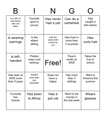 Middle School Human Bingo Card