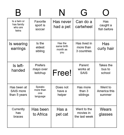 Middle School Human Bingo Card