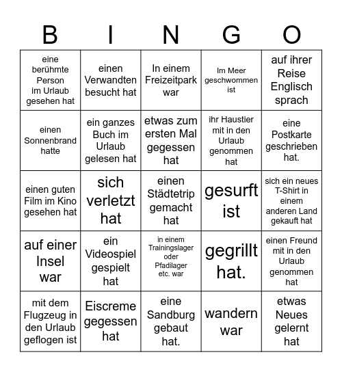 Finde eine Person, die in den Sommerferien... Bingo Card