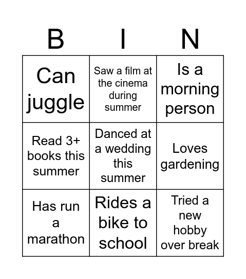 Middle School Bingo Card