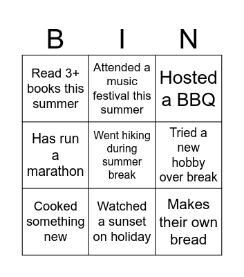 Middle School Summer Bingo Card