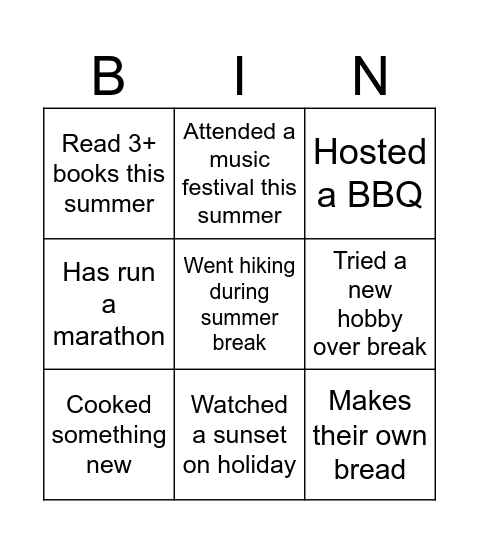 Middle School Summer Bingo Card
