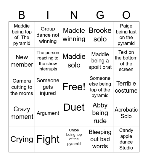 Dance moms reaction bingo Card