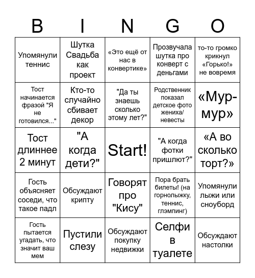 Свадебное бинго Bingo Card