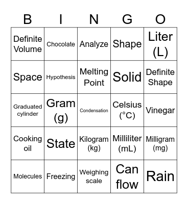States of Matter Bingo Card
