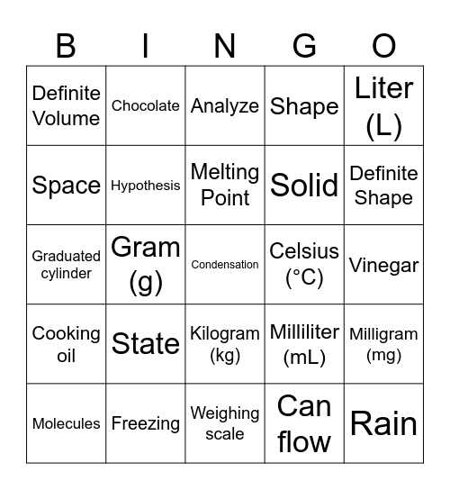States of Matter Bingo Card