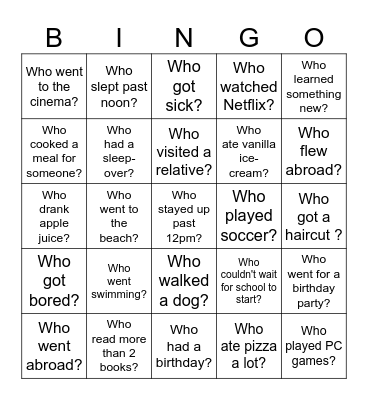 Back-to-School Bingo - What did you do over the holiday? Bingo Card