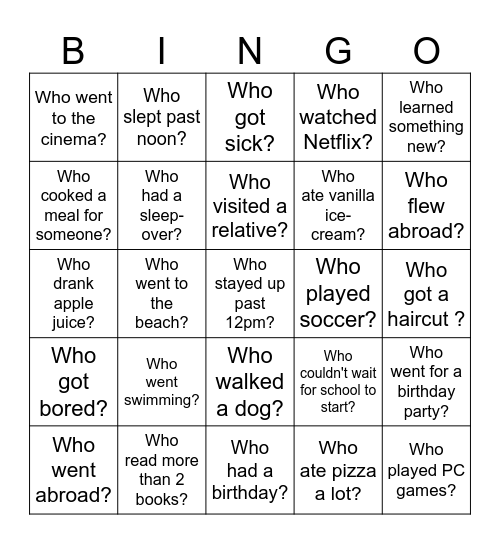 Back-to-School Bingo - What did you do over the holiday? Bingo Card
