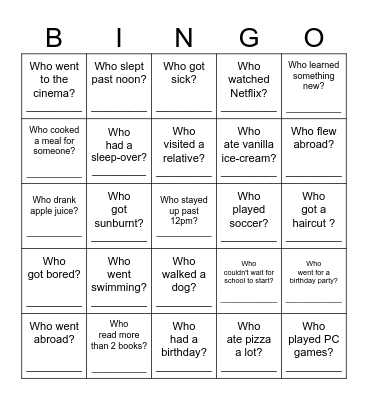 Back-to-School Bingo - What did you do over the holiday? Bingo Card