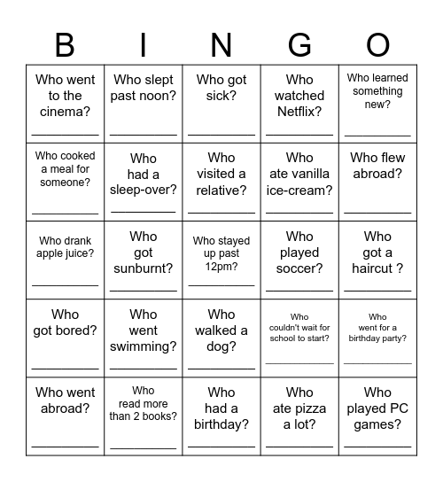 Back-to-School Bingo - What did you do over the holiday? Bingo Card