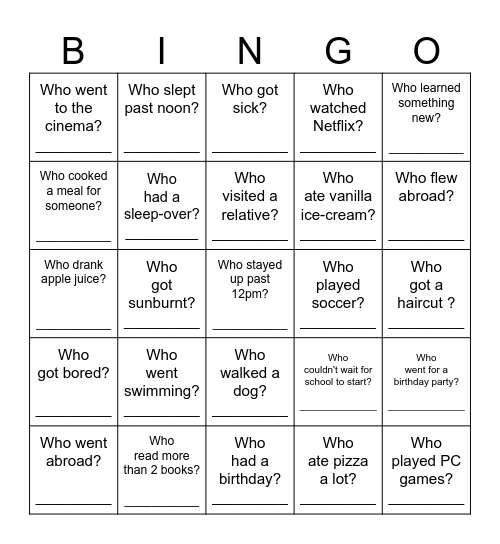 Back-to-School Bingo - What did you do over the holiday? Bingo Card