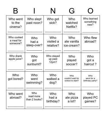 Back-to-School Bingo - What did you do over the holiday? Bingo Card