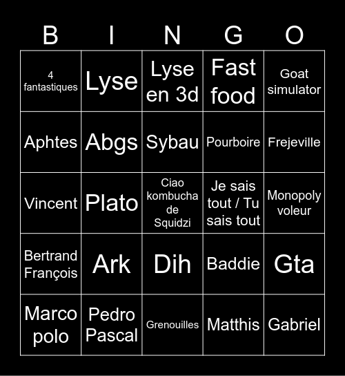 Benjamin Bingo Card