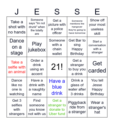 21st Birthday Pub Crawl Bingo Card