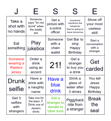 21st Birthday Pub Crawl Bingo Card