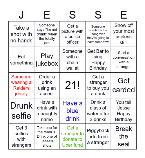 21st Birthday Pub Crawl Bingo Card