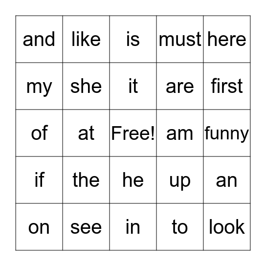 sight word bingo Card