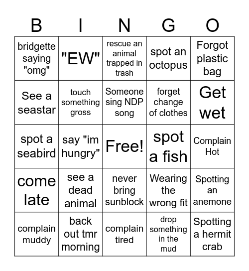 Intertidal Bingo Card
