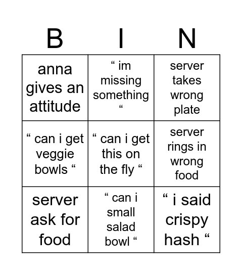 servers Bingo Card