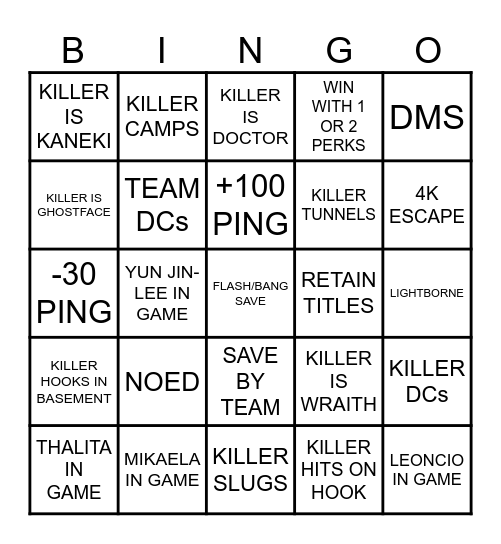 DEAD BY DAYLIGHT Bingo Card